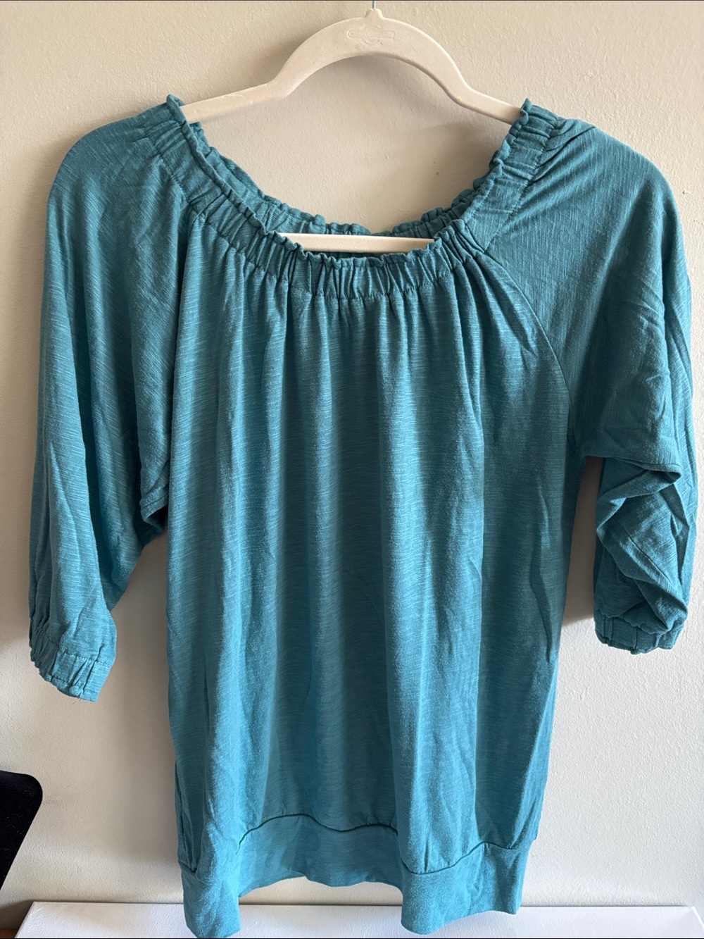 LOFT Teal Off-Shoulder Gathered Neck 3/4 Sleeve Top